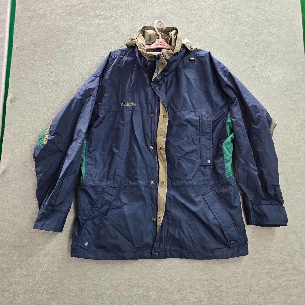 VINTAGE Columbia Men Jacket Large Blue Windbreaker Hoodie Colorblock Pockets